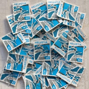 1973 Vintage 40c stamps, SWITZERLAND, blue-white used stamps for collage, art projects, journaling etc.