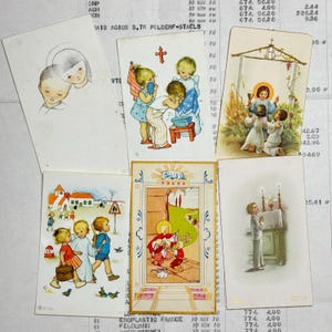 Cards with religious children’s  illustrations. Set of 6. Holy Cards, Bible markers, religion ephemera, prayer cards, journaling.