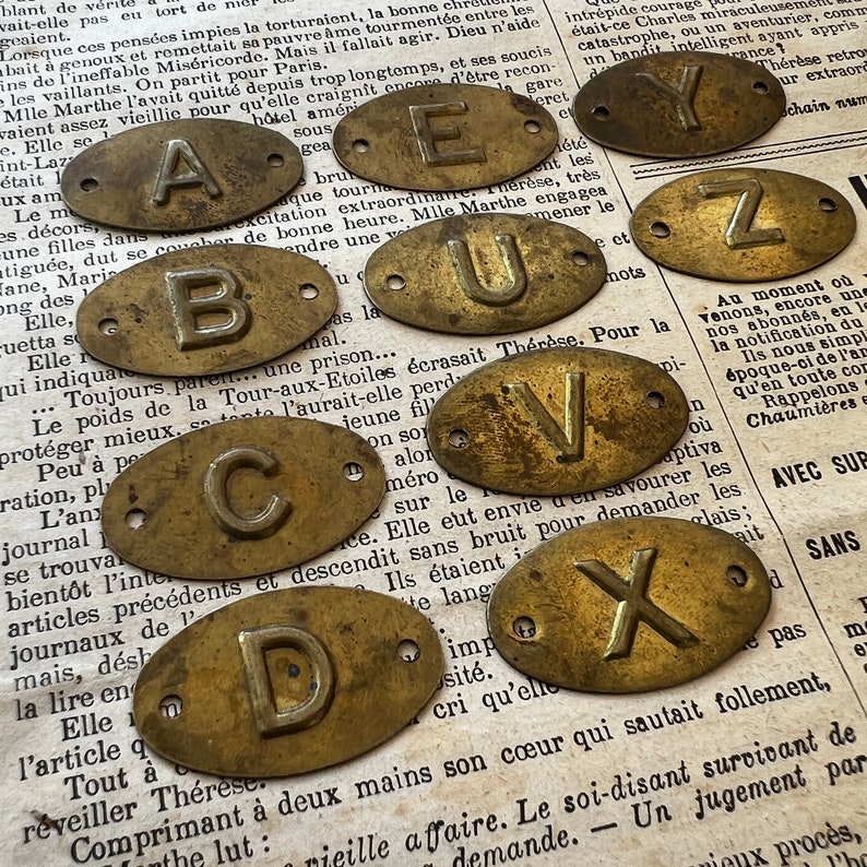 Vintage brass cabinet / drawer plates with letters from France 1950's. image 7