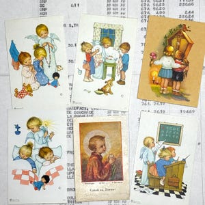 Cards with religious children’s  illustrations. Set of 6. Holy Cards, Bible markers, religion ephemera, prayer cards, journaling.