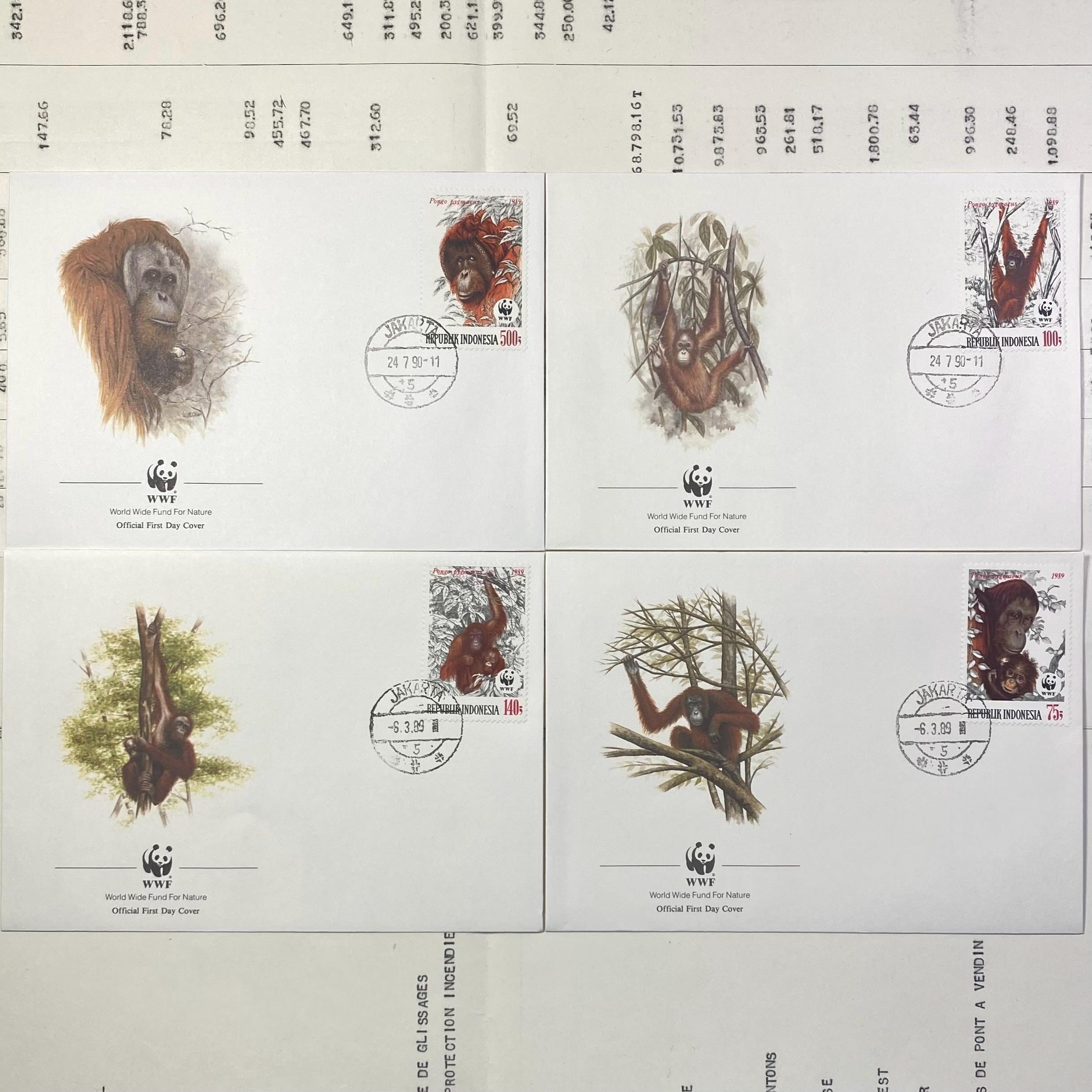WWF 使用済切手 美しいWWFの封筒とそれに合わせた切手。インドネシア1989年公式初日