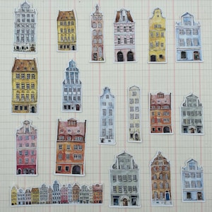 Amsterdam houses stickers, watercolor design.