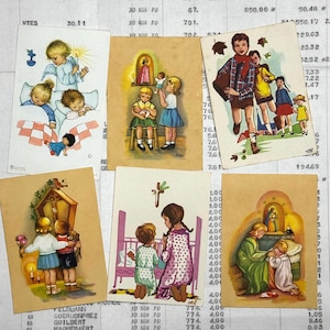 Cards with religious children’s  illustrations. Set of 6. Holy Cards, Bible markers, religion ephemera, prayer cards, journaling.
