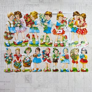 Deutscher Schrott - Kinder mit Blumen, 50er Jahre Illustrationen. Stanzteile, Ephemera, Reliefpapier, Nostalgie, Papierbasteln, Dekoration, Scrapbook