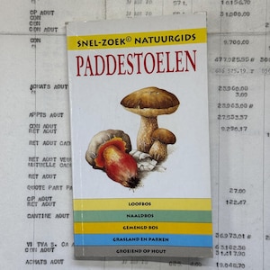 Op de afbeelding: Een boek getiteld "SNEL-ZOEK® NATUURGIDS PADDESTOELEN" met illustraties van paddenstoelen. De omslag van het boek toont een rode en gele paddenstoel links en een bruine paddenstoel rechts. De omslag van het boek bevat ook een lijst met verschillende soorten bossen en habitats waar paddenstoelen te vinden zijn, waaronder "LOOFBOS", "NAALDBOS", "GEMENGD BOS", "GRASLAND EN PARKEN" en "GROEIEND OP HOUT".