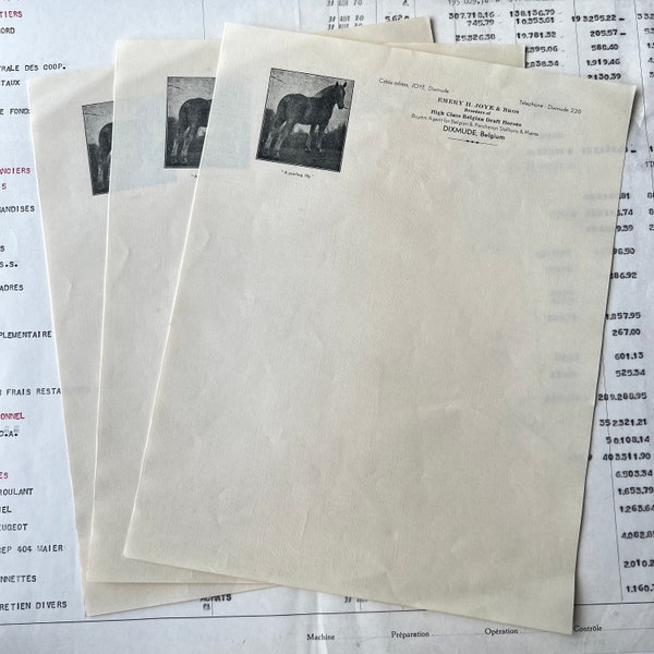 Breeder of Belgian Draft Horses, Letterhead Full Sheets,Vintage Paper Set of 3 sheets. Dixmude H. Joye & Bros.