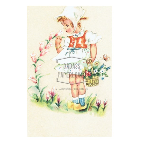 Carte postale vintage pour enfants - Image numérique PNG - Fille avec des chaussures en bois