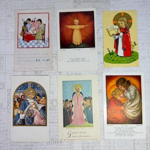 Cards with religious children’s  illustrations. Set of 6. Holy Cards, Bible markers, religion ephemera, prayer cards, journaling.