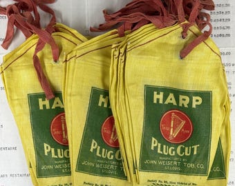 Old Vintage 1940's - Harp Plug Cut - yellow CLOTH TOBACCO bags - Vintage