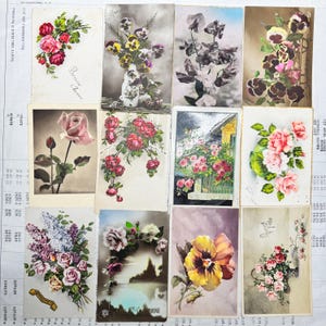 Lote de 12 postales antiguas: preciosas tarjetas con flores. Postales antiguas de flores usadas.