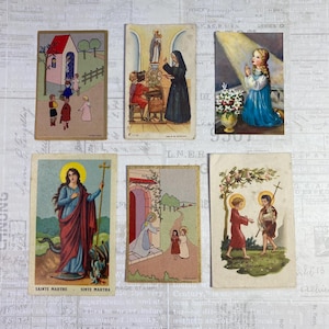 Cards with religious children’s  illustrations. Set of 6. Holy Cards, Bible markers, religion ephemera, prayer cards, journaling.