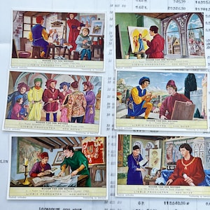 Vintage-Sammelkarten. Set mit 6 alten Karten der Firma Liebig, Werbe-Sammelkarten. Serie 532 Künstler Rogier van der Weyden