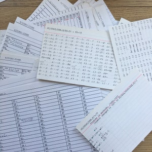 Op de afbeelding: Een close-up van een stapel papieren met handgeschreven notities en nummers. De papieren liggen op een houten oppervlak. De tekst op de papieren omvat "ST/STAT/SER.D/59-31-69-13" en "ST/STAT/SER.F/1-17 Studies in methoden. /1950-1973 (Symbool gewijzigd in 1974 naar ST/ESA/STAT/SER.F/-) "