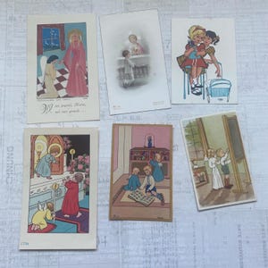 Cards with religious children’s  illustrations. Set of 6. Holy Cards, Bible markers, religion ephemera, prayer cards, journaling.