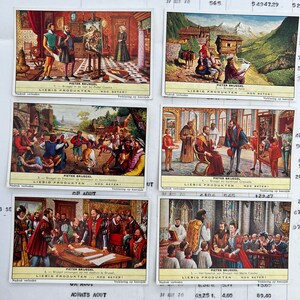 Vintage-Sammelkarten. Set mit 6 alten Karten der Firma Liebig, Werbe-Sammelkarten. Serie 538 Pieter Bruegel