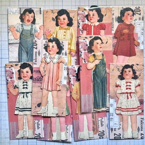 May include: A collection of vintage-style paper dolls featuring various children in diverse outfits, including overalls, dresses, and coats. Each figure is set against a background of patterned paper, vintage stamps, and text, creating a collage effect.