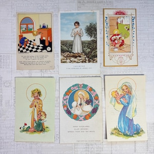 Cards with religious children’s  illustrations. Set of 6. Holy Cards, Bible markers, religion ephemera, prayer cards, journaling.