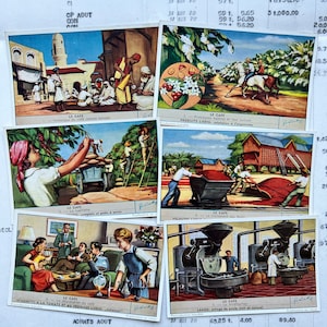 Carte da collezione d'epoca. Set di 6 vecchie carte della ditta Liebig, figurine pubblicitarie. Serie 515 Il Caffè