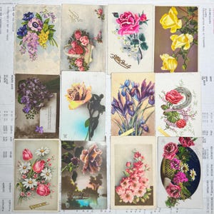 Lote de 12 postales antiguas: preciosas tarjetas con flores. Postales antiguas de flores usadas.
