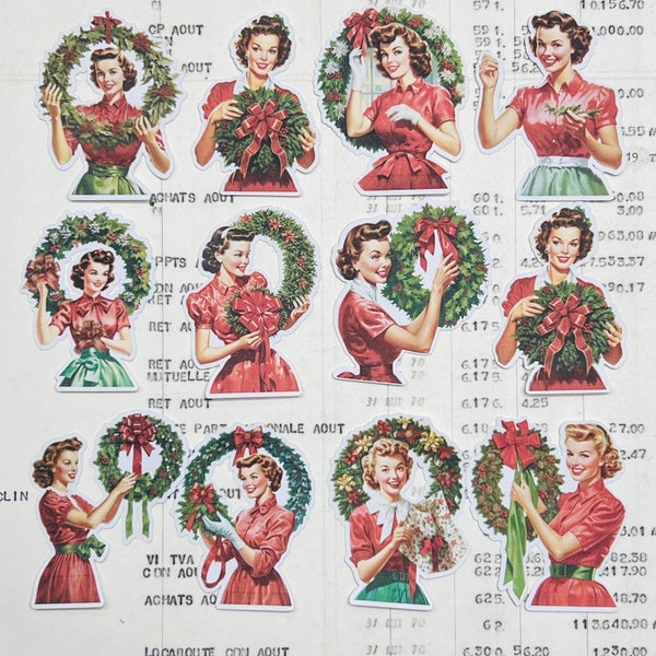 Stickers retro ladies. Retro Christmas  illustrations, lady with wreath, green and red.