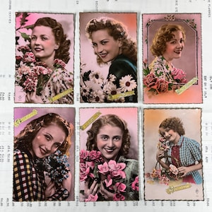 Cartoline anni '50, usate. Signora vintage, cartoline da donna. Old & Original, carte donna, donne, fiori rosa