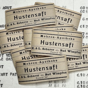 Pharmacy Labels. Old medicine labels, prop, mixed media, journaling. Vintage Apotheke, apotheek etiketten. Cough Syrup