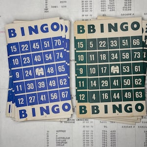 Tarjetas de juego de bingo vintage. Cartones de Bingo Retro, verde, azul.
