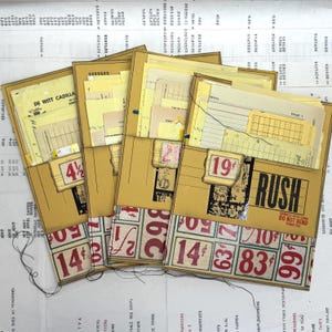 Op de afbeelding: Een set van vier bruine enveloppen met gestikte randen. Elke envelop heeft een ander nummer gedrukt op de voorkant, waaronder 4 1/2, 2, 19 en 86. De enveloppen zijn gevuld met verschillende papieren en bonnetjes. De enveloppen zijn gelabeld met "RUSH" en "HANDLE WITH CARE DO NOT BEND THANK YOU".
