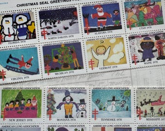 1978 Christmas seal greetings, sheet with rubberized stamps. American Lung Association, VINTAGE