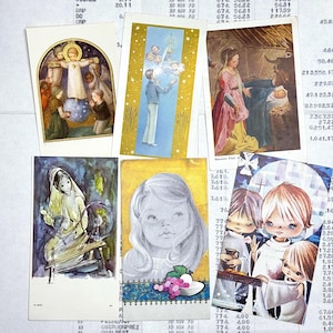 Karten mit religiösen Kinderillustrationen. 6er-Set. Heiligenbildchen, Bibelmarker, religiöse Ephemera, Gebetskarten, Tagebuch.