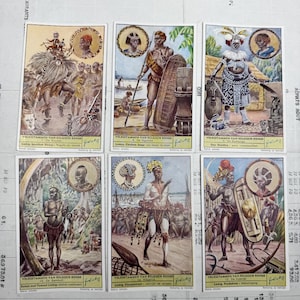 Vintage-Sammelkarten. Set mit 6 alten Karten der Firma Liebig, Werbe-Sammelkarten. Serie 442
