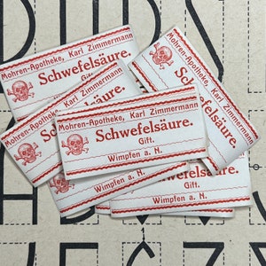 Vintage Pharmacy Labels - sulfuric acid, sulfuric, sulfurous acid. Old medicine labels. Halloween, poison, prop, mixed media.