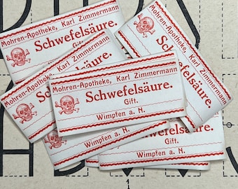 Vintage Pharmacy Labels - sulphuric acid, sulfuric, sulfurous acid. Old medicine labels. Halloween, poison, prop, mixed media.