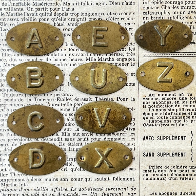 Vintage brass cabinet / drawer plates with letters from France 1950's. image 5
