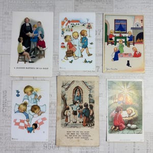 Schede con illustrazioni religiose per bambini. Set di 6. Immaginette sacre, pennarelli per Bibbia, materiale religioso effimero, santini, diari.