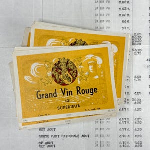 Vintage wine labels, old yellow bottle labels, GRAND VIN Rouge. French, wine from France