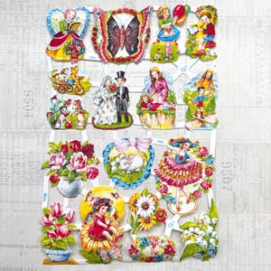 Scrap alemán - ilustraciones de niños y flores de los años 50. Troqueles, efímeras, papel en relieve, nostálgico, manualidades de papel, adornos, álbumes de recortes