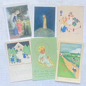 Schede con illustrazioni religiose per bambini. Set di 6. Immaginette sacre, pennarelli per Bibbia, materiale religioso effimero, santini, diari.