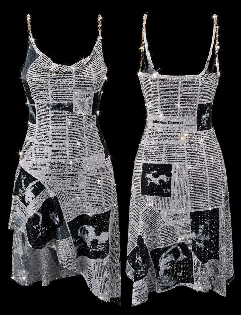 May include: A sleeveless dress featuring a newspaper print pattern with black text and images on a shimmering silver background. The garment has thin gold chain straps and a cowl neckline, with the text Jillusion Couture visible on the fabric.