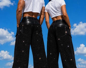 Swarovski Crystal Double Layer Jeans, PU Leather Baggy Pants, Low Sag Rhinestone Denim, Unisex Rock Star Pants