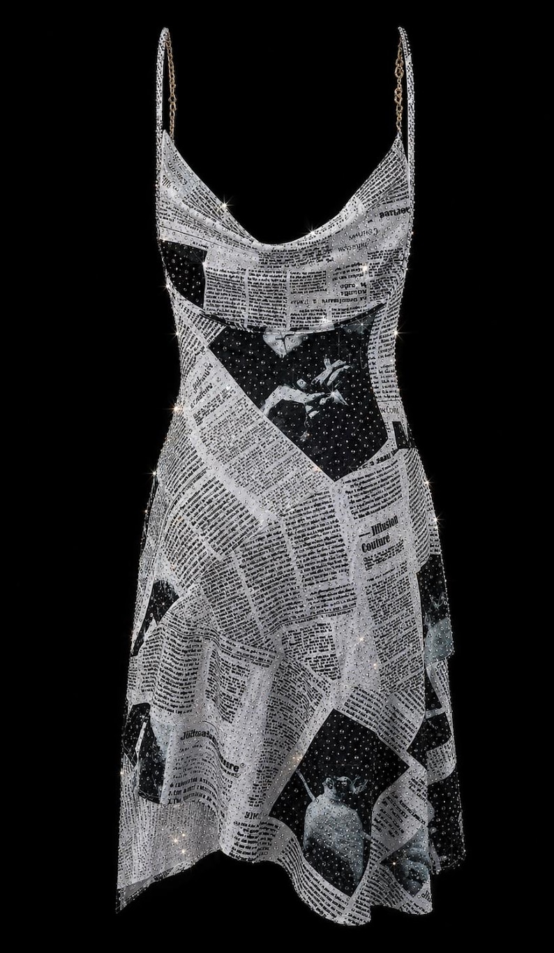 May include: A sleeveless dress featuring a cowl neckline and thin, sparkling chain straps. The fabric is covered in a black and white newspaper print pattern with scattered, shimmering rhinestone embellishments throughout the entire garment.