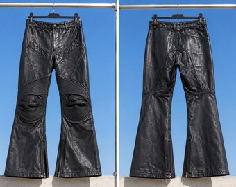 Handcrafted Waxed Leather Moto Biker Pants Premium Flared Motorcycle Pants  Y2K Luxury Streetwear  Unisex Black Leather Trousers -