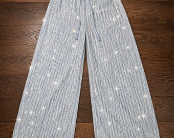 Swarovski Crystal Couture Unisex Wide Leg Pajama Pants Hand Crystallized White Diamond Sparkle Lounge Pants Luxury Sleepwear