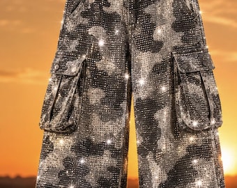 Unisex Swarovski Crystal Camo Cargo Pants