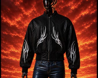 Oversized Embroidered Waxed Moto Bomber Jacket | Unisex Y2K Streetwear | Tribal Flame Black Motorcycle Jacket | Techwear Coat