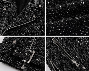 Black Rhinestone Denim Moto Jacket | Unisex Crystal Jacket | Handmade Sparkle Jacket | Festival Jacket | Concert Outfit | Luxury Streetwear