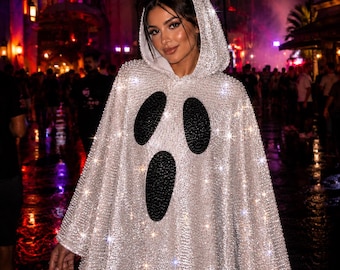 Swarovski Covered Crystal Ghost Face Halloween Vibes Hooded Cape Poncho Unisex • Adult & Kids • Hand-Embellished Couture