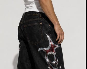 The Perfect Sparkle Diamond Flame Jeans Hand Embellished Crystal Wide Leg Unisex Denim