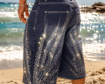 Oversized Unisex Crystal Denim Shorts