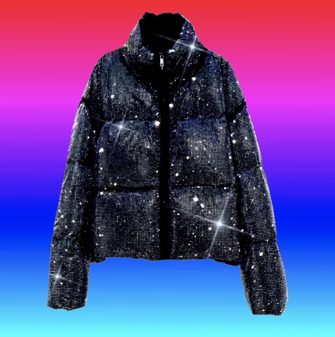 New Larger Sizes* > Black Swarovski Rhinestone Puffer Jacket